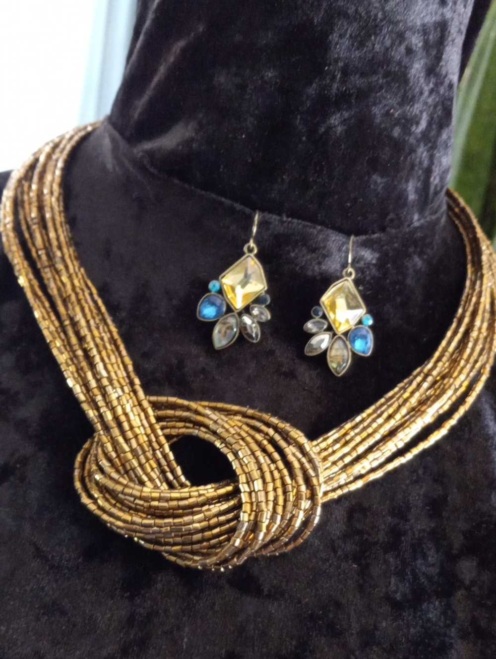 Vintage Gold Multi-Strand Beaded Necklace with Blue and Yellow Stone Earrings.